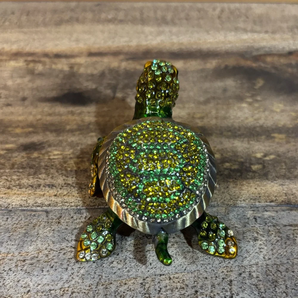 Green and Gold Rhinestone Turtle Jewelry Keeper